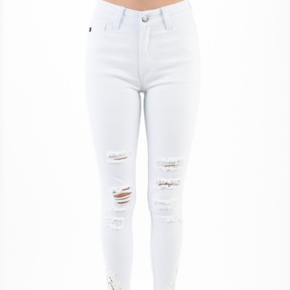 White Distressed Crochet Trim Jeans - Picture 6 of 7